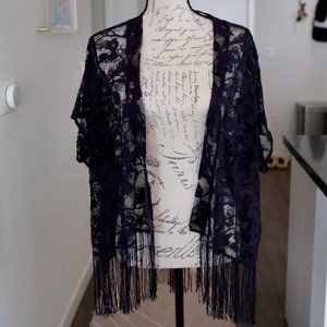 Topshop navy lace fringe open front cardigan shawl size S/M